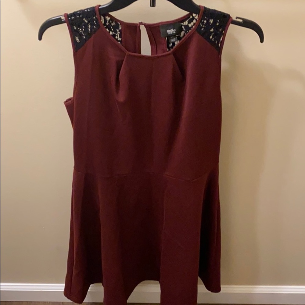 Wine tank dress with black lace sleeves.